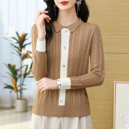 时尚气质翻领宽松针织衫，2024年春秋拼色套头长袖上衣短款打底衫CC-101-69126 商品图2