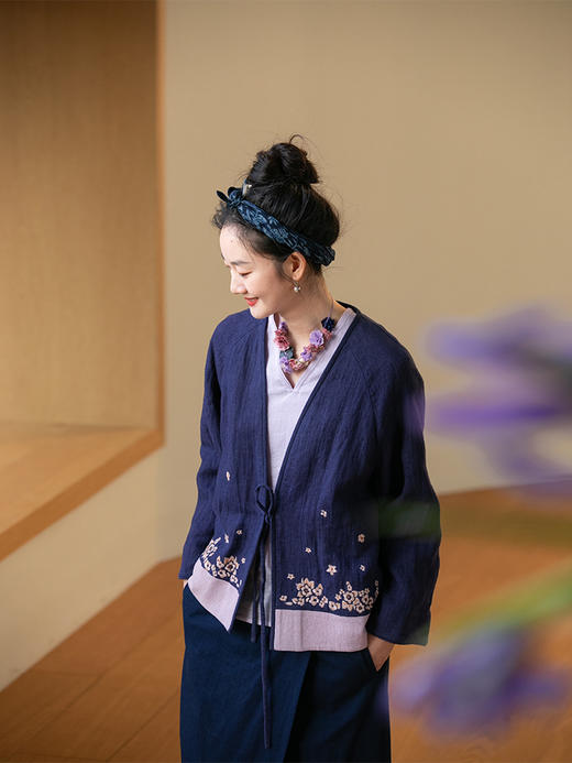 牧衣游原创 迎春花刺绣麻料外套新款复古文艺系带宽松开衫 梨花飘 商品图0