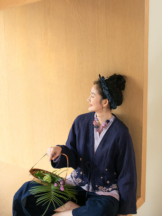 牧衣游原创 迎春花刺绣麻料外套新款复古文艺系带宽松开衫 梨花飘 商品图1