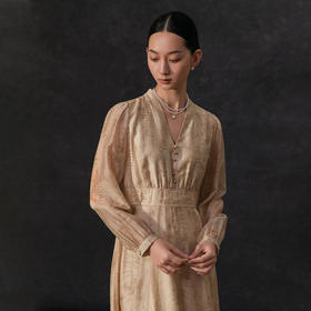 famecoco植物印花天丝混纺连身长裙女优雅v领连衣裙FAC1FA008