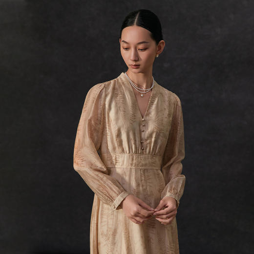 famecoco植物印花天丝混纺连身长裙女优雅v领连衣裙FAC1FA008 商品图0