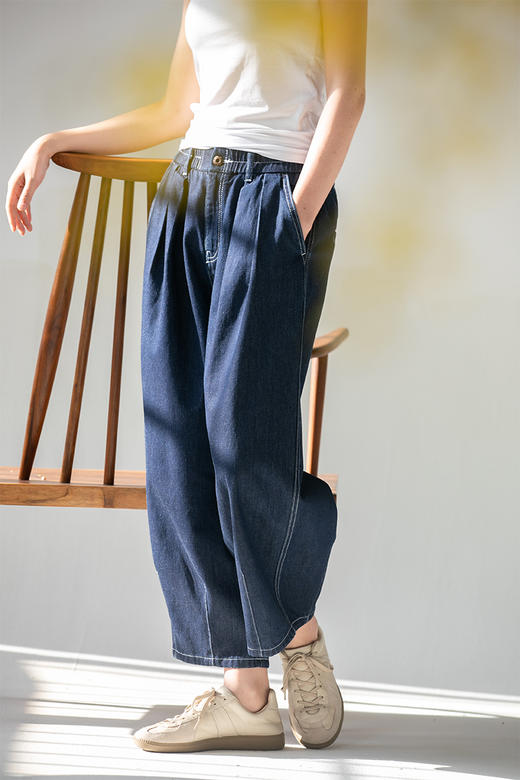牧衣游原创 舒适棉质丹宁裤新款纯棉舒适复古宽松牛仔裤 倾杯乐 商品图5
