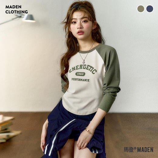 马登女装美式撞色插肩长袖t恤显瘦辣妹短款字母上衣棒球印花T内搭 商品图0