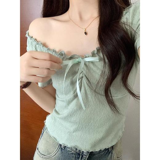 春夏新款【芭蕾风v领锁骨 显瘦辣妹短袖t恤女】设计感系带 小众半袖上衣 商品图0