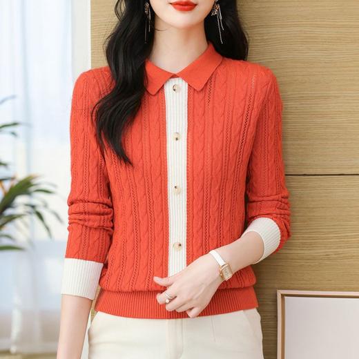 时尚气质翻领宽松针织衫，2024年春秋拼色套头长袖上衣短款打底衫CC-101-69126 商品图3