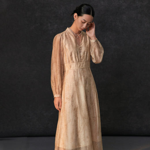 famecoco植物印花天丝混纺连身长裙女优雅v领连衣裙FAC1FA008 商品图2