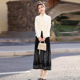 HRFS-1189春季上新气质时尚新中式风修身显瘦高腰半裙针织两件套