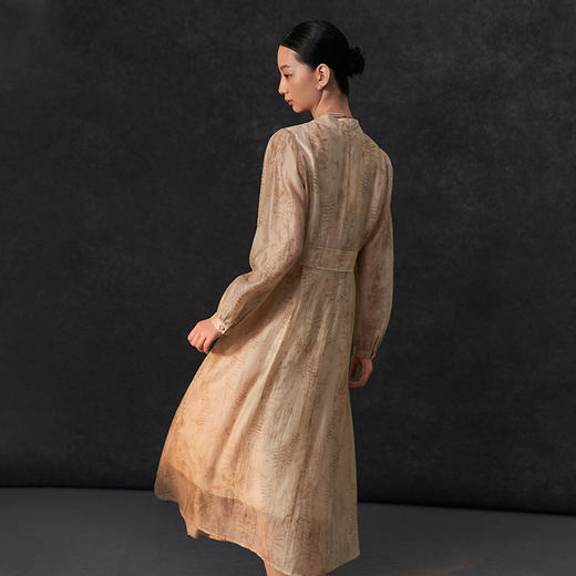 famecoco植物印花天丝混纺连身长裙女优雅v领连衣裙FAC1FA008 商品图4