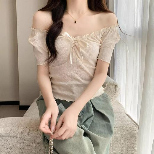 春夏新款【芭蕾风v领锁骨 显瘦辣妹短袖t恤女】设计感系带 小众半袖上衣 商品图4