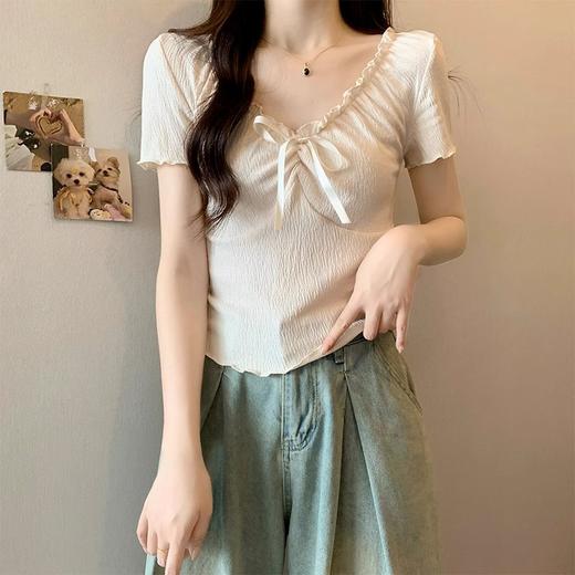 春夏新款【芭蕾风v领锁骨 显瘦辣妹短袖t恤女】设计感系带 小众半袖上衣 商品图7
