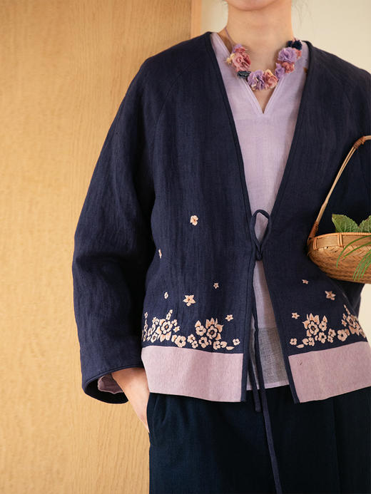 牧衣游原创 迎春花刺绣麻料外套新款复古文艺系带宽松开衫 梨花飘 商品图3