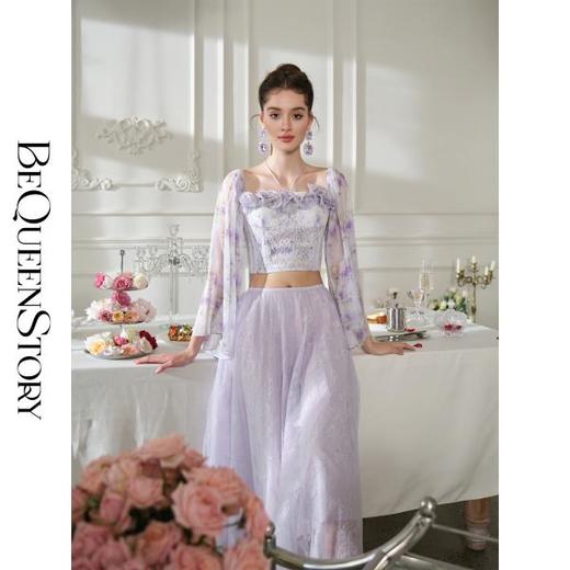 余潇潇【绘梦铃兰】设计感抹胸挂脖长袖立体花朵装饰蕾丝雪纺上衣 商品图4