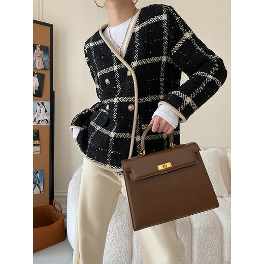 「夹棉小香风！两色可选」司南法式经典节日氛围 V领正肩粗花呢夹棉小香风外套秋冬 商品图1