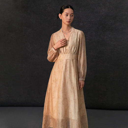 famecoco植物印花天丝混纺连身长裙女优雅v领连衣裙FAC1FA008 商品图1