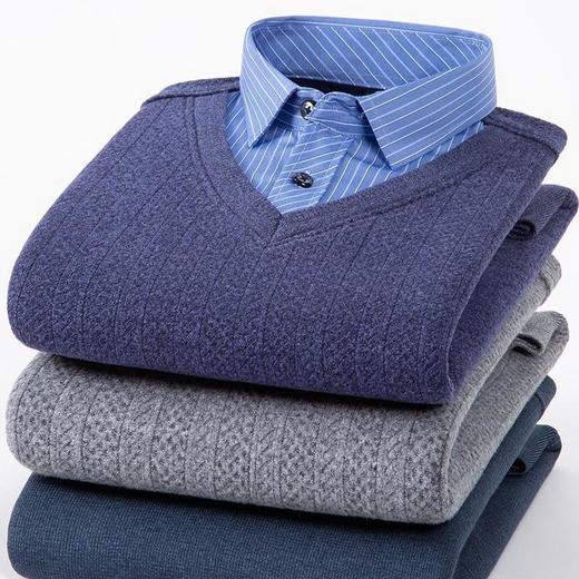 ALBB-冬季假两件加绒保暖衬衫男士棉衬衣中老年宽松加厚长袖爸爸装 商品图0
