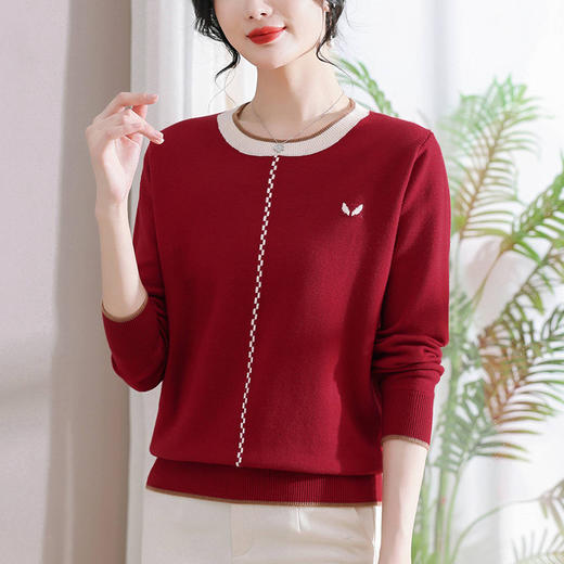 低领红色针织衫上衣春装，2024年新款妈妈薄款长袖t恤打底小衫CC-101-91270 商品图3