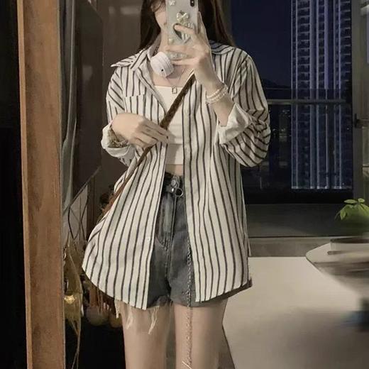 早春【韩系中长款 长袖条纹衬衫外套女】夏季防晒开衫 衬衣薄款外搭上衣 商品图5