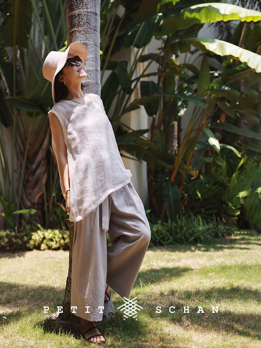 PETIT SCHAN小闪   CLO#250 Water Lily 睡莲 日本进口涤纶亚麻混纺春夏九分阔腿裤 商品图2