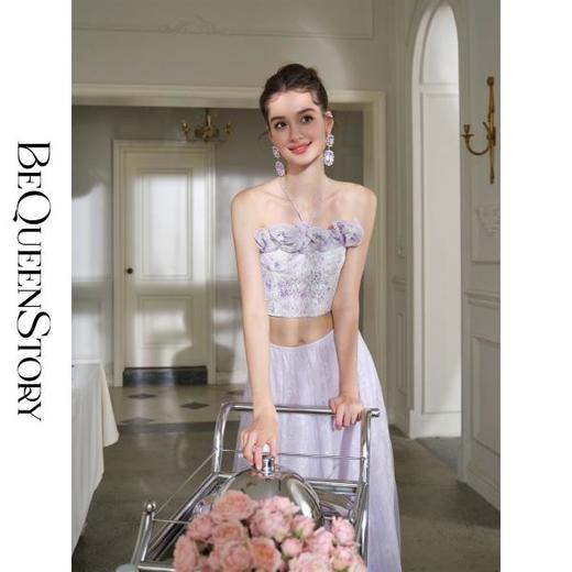 余潇潇【绘梦铃兰】设计感抹胸挂脖长袖立体花朵装饰蕾丝雪纺上衣 商品图2