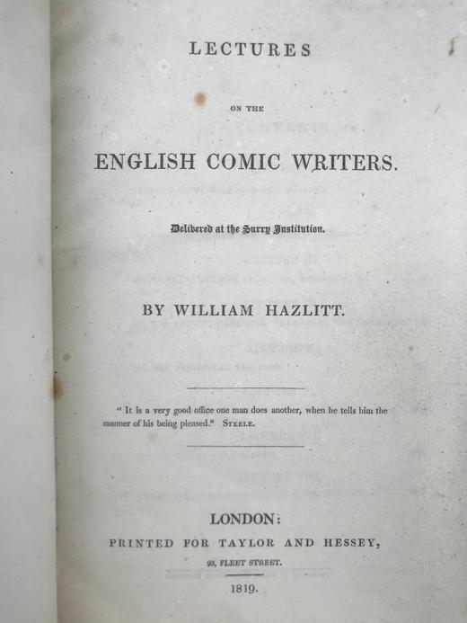 含藏书票！1819年 威廉·哈兹里特《关于英国喜剧作家的讲座》 全真皮精装大32开 商品图3