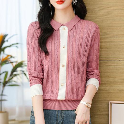 时尚气质翻领宽松针织衫，2024年春秋拼色套头长袖上衣短款打底衫CC-101-69126 商品图1