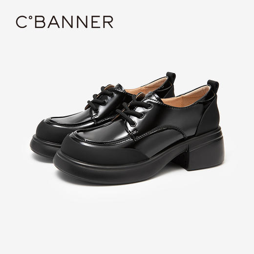 千百度厚底牛津鞋春季复古乐福鞋真皮单鞋小皮鞋女鞋百搭A24130805 商品图1