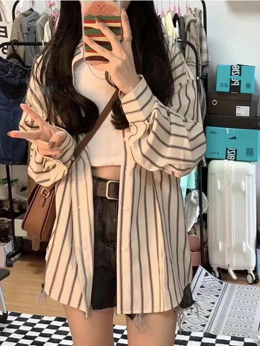 早春【韩系中长款 长袖条纹衬衫外套女】夏季防晒开衫 衬衣薄款外搭上衣 商品图2