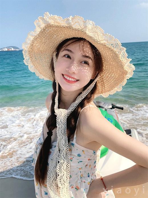 【超仙❗️蕾丝飘带镂空草帽】出街百搭，新款出游防晒帽，堪称隔热小雨伞防晒衣，太阳帽沙滩帽子女款遮阳帽子 商品图1