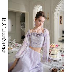 余潇潇【绘梦铃兰】设计感抹胸挂脖长袖立体花朵装饰蕾丝雪纺上衣