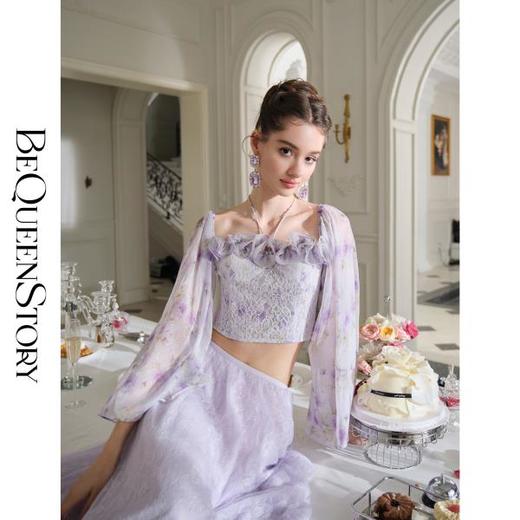 余潇潇【绘梦铃兰】设计感抹胸挂脖长袖立体花朵装饰蕾丝雪纺上衣 商品图0