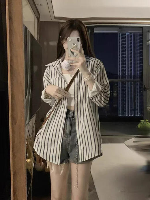 早春【韩系中长款 长袖条纹衬衫外套女】夏季防晒开衫 衬衣薄款外搭上衣 商品图3
