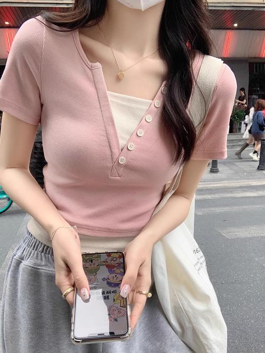 春夏新款【粉色V领正肩t恤女短袖 拼色假两件】设计感上衣 修身短款纯欲 商品图5