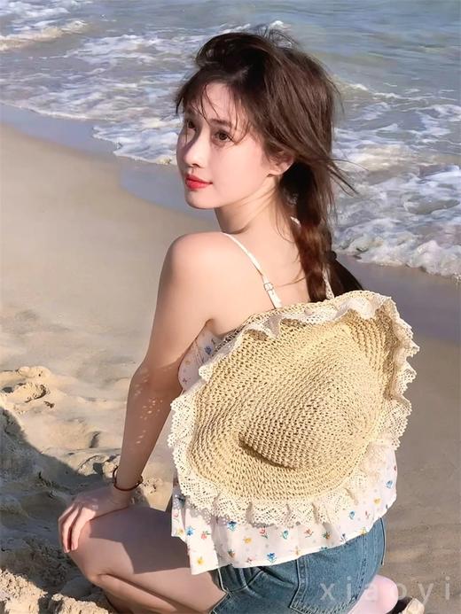 【超仙❗️蕾丝飘带镂空草帽】出街百搭，新款出游防晒帽，堪称隔热小雨伞防晒衣，太阳帽沙滩帽子女款遮阳帽子 商品图3