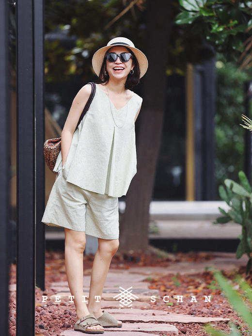 PETIT SCHAN小闪  CLO#287 Hollow Valley 空谷 日本进口天然感亚麻混纺A字无袖伞状背心/松紧腰基础短裤 商品图2