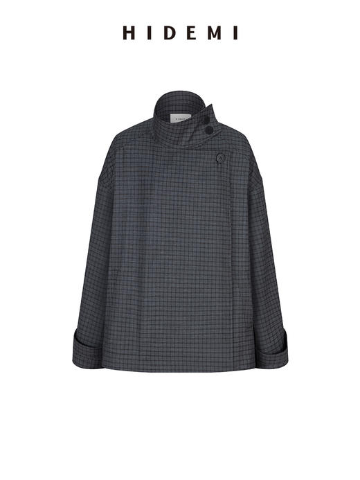 HIDEMI 灰色格子设计感立领复古插肩不对称门襟可拆卸腰带短风衣套装 商品图12