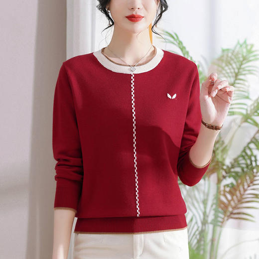 低领红色针织衫上衣春装，2024年新款妈妈薄款长袖t恤打底小衫CC-101-91270 商品图0