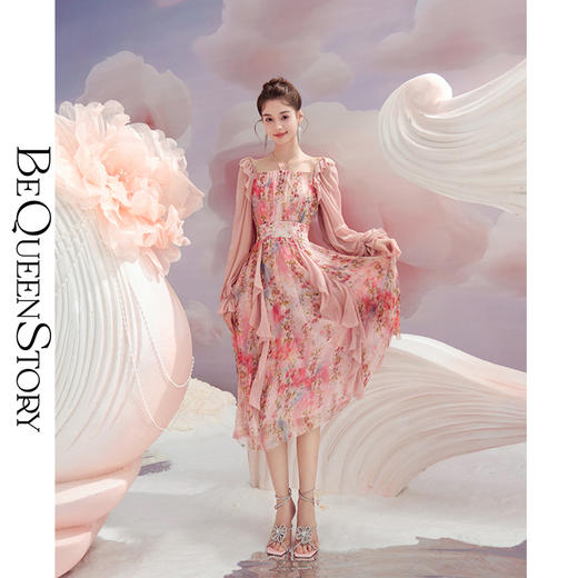 余潇潇【桃许春色】时髦轻奢法式长款100桑蚕丝连衣裙 商品图4