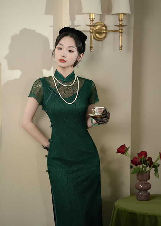 XL24061 2024年春夏新款改良旗袍修身日常绿蕾丝长款复古连衣裙 商品图2