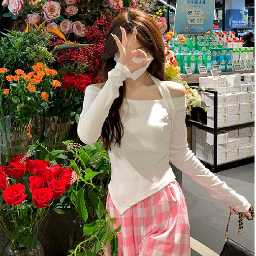 【性感纯欲修身百搭！辣妹一字肩长袖T恤】春季小众短款修身t恤 ，罗纹一字肩长袖T恤上衣 商品图7