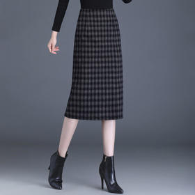 ALBB-新款毛呢格纹毛呢包臀直筒半身裙女韩版高腰一步裙中长裙