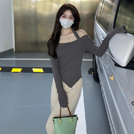 【性感纯欲修身百搭！辣妹一字肩长袖T恤】春季小众短款修身t恤 ，罗纹一字肩长袖T恤上衣 商品图6