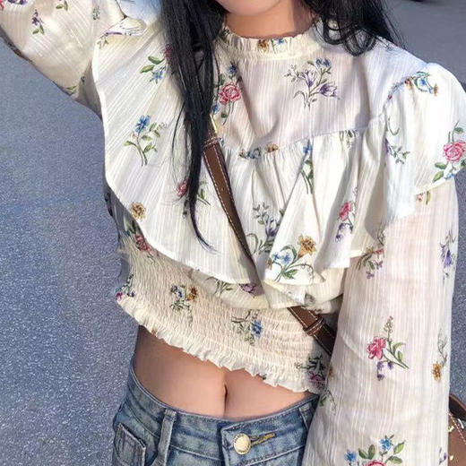 夏季【复古荷叶边 短款衬衫上衣女】韩系甜美 洋气减龄 夏季甜蜜再恋 长袖小衫 商品图1