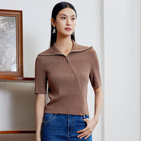 玳莎大翻领设计感针织开衫女2024春季新款斜门襟拉链衫短袖上衣  EA33201