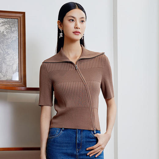 玳莎大翻领设计感针织开衫女2024春季新款斜门襟拉链衫短袖上衣  EA33201 商品图0