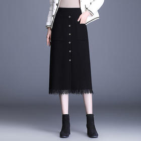 ALBB-中长款简约修身时尚包臀裙松紧腰通勤气质黑色半身裙
