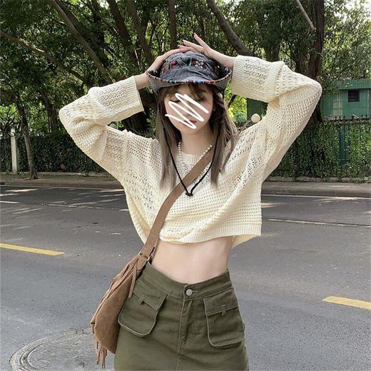 夏季【短款镂空防晒针织衫女 夏天外搭】宽松设计感 小众长袖甜辣上衣 商品图1