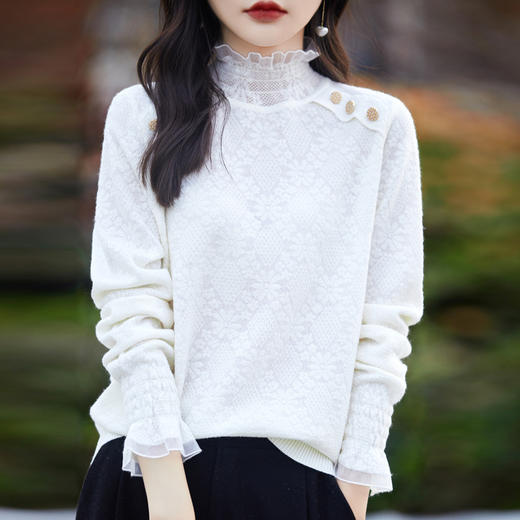 春秋新款，半高领百搭气质时尚蕾丝针织衫女显瘦减龄羊毛内搭打底衫QH-BS1 商品图2