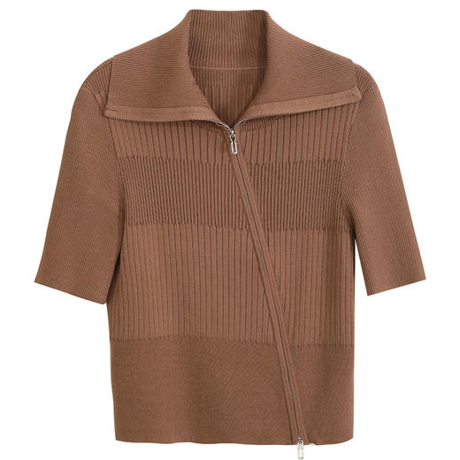 玳莎大翻领设计感针织开衫女2024春季新款斜门襟拉链衫短袖上衣  EA33201 商品图4