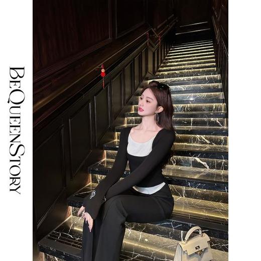 余潇潇【娇欲芭比】精致烫钻时尚百搭撞色拼接收腰假两件上衣 商品图3