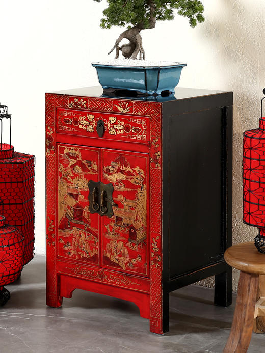 现代新中式仿古典实木彩绘彩漆床头柜手绘做旧复古卧室储物装饰柜 商品图1